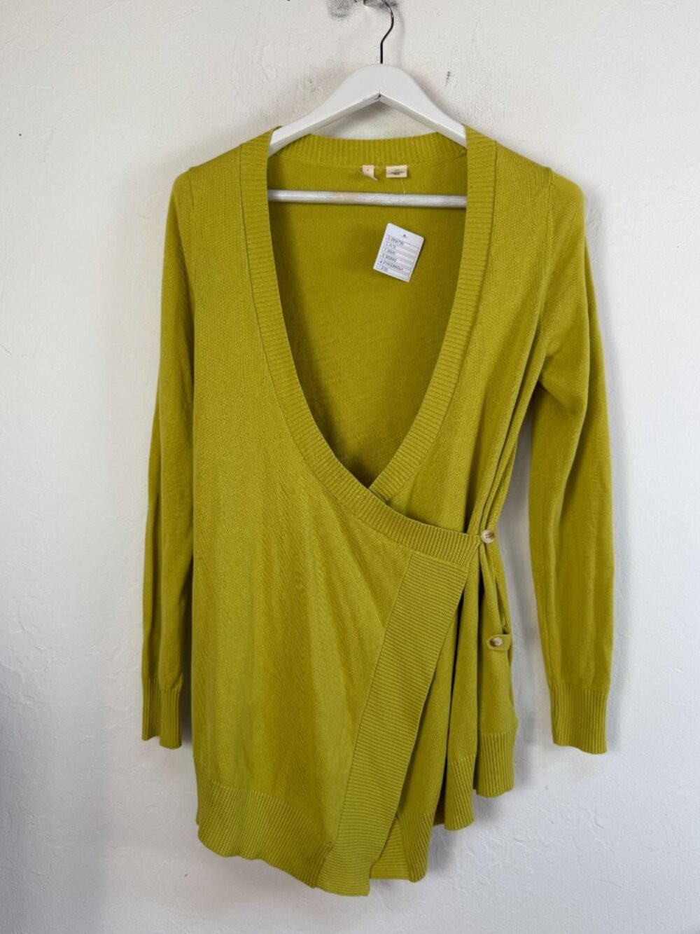 Moth Anthropologie Wrap Cardigan Sweater Yellow Green Side Button Medium New